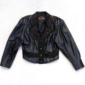 Vintage 80s G-III Women's Leather Jacket Size Large Black Embossed Moto Biker
